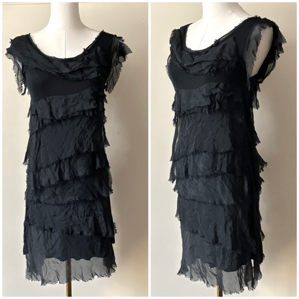 NWT‎ Tempo Paris 100% Silk Artsy Unique Raw Hem Whimsical Tiered Dress In Black